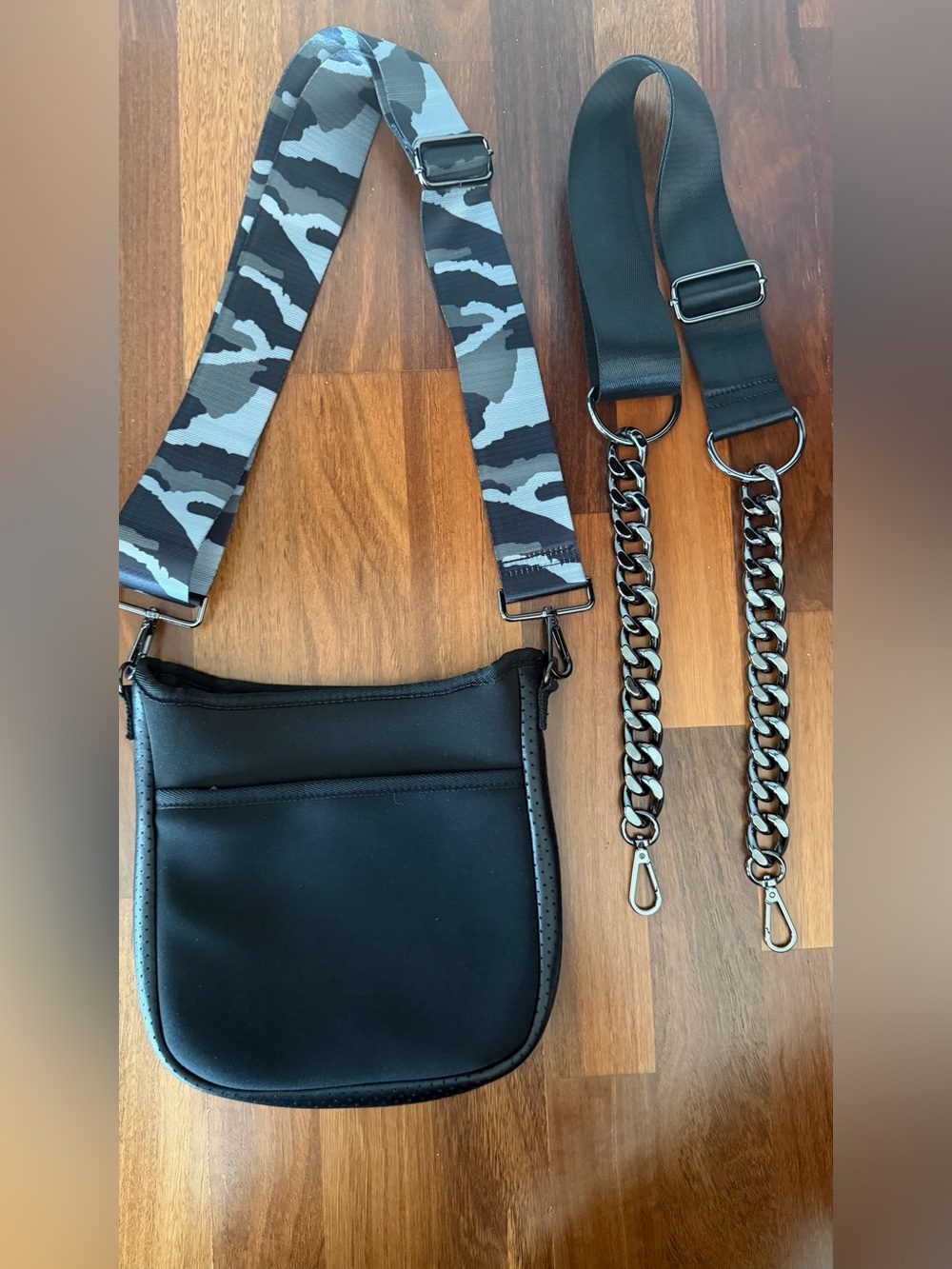 Haute Shore Black Scuba Crossbody Bag with Camouflage & Gunmetal Chain Strap